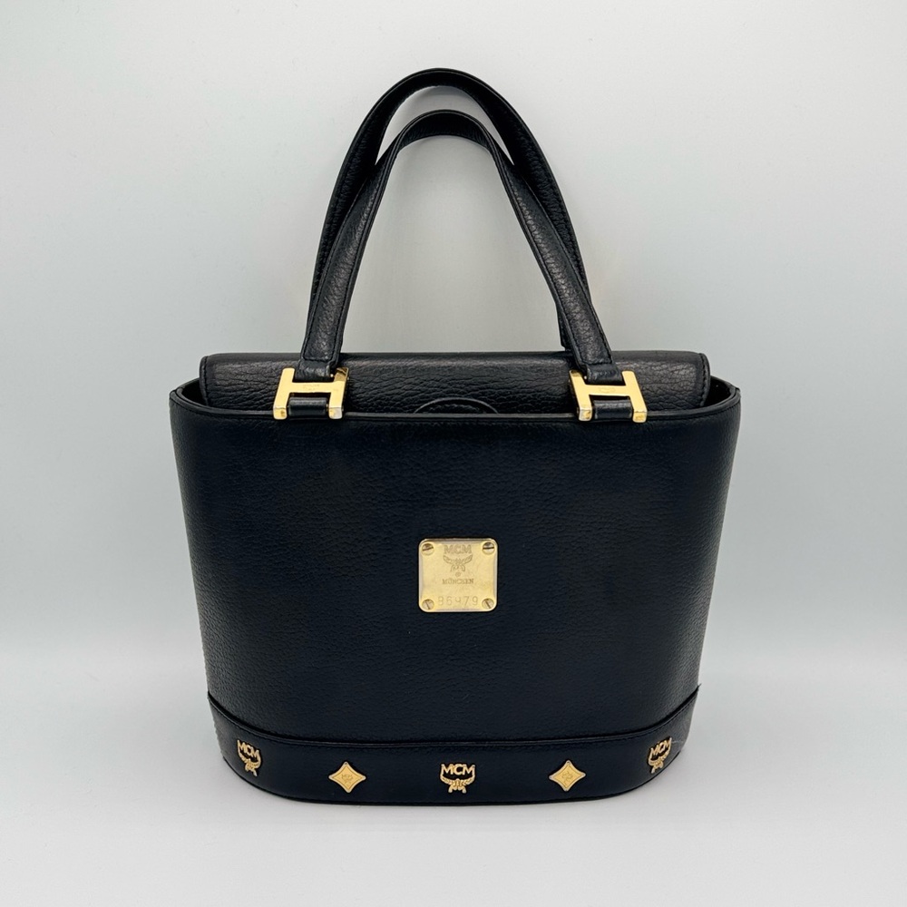 MCM Vintage Black Leather Flap Studded Bucket Bag - Picture 1 of 12
